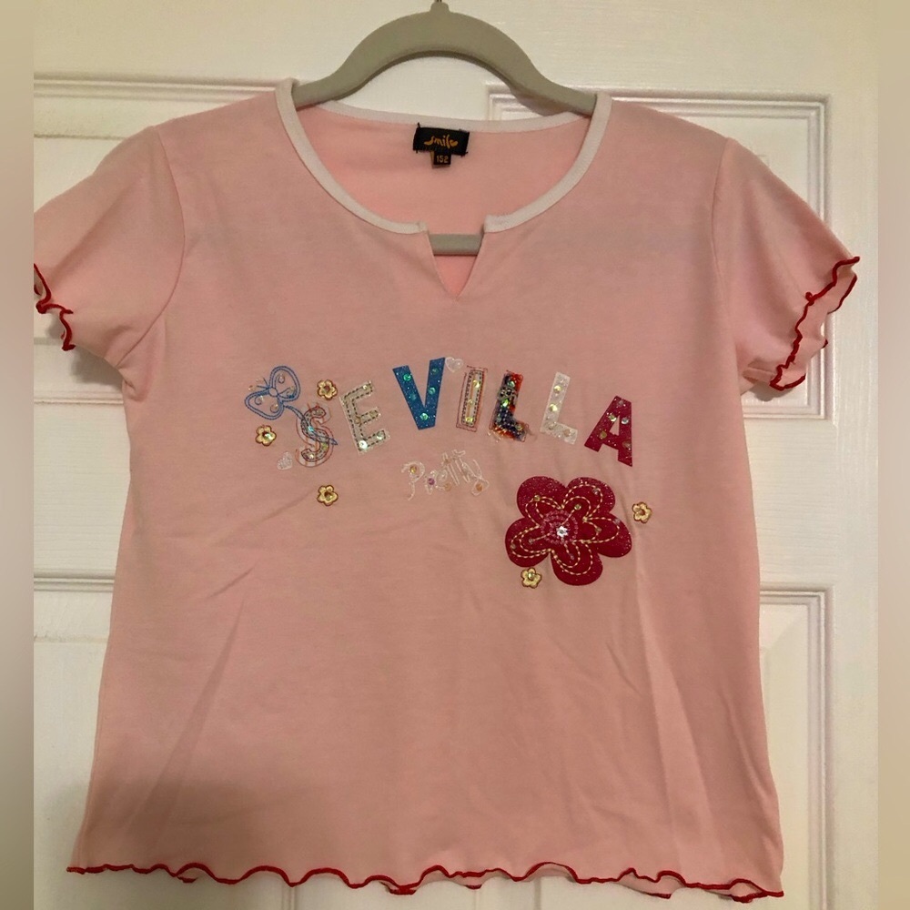 Girls Sevilla embroidered sparkly baby‎ tee ruffle hem pink girls size large 32”